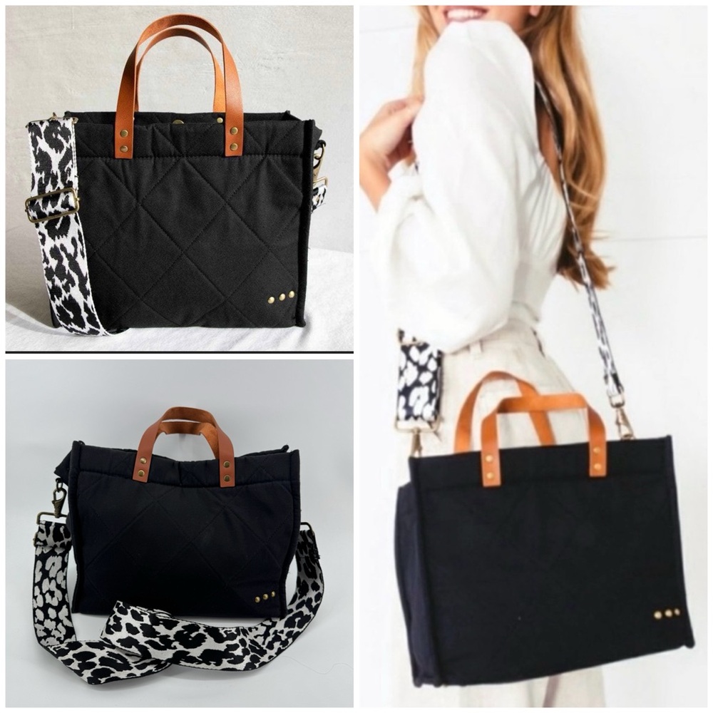 PS It's What's Inside Black Quilted Tote Bag Leopard Print Guitar Strap
